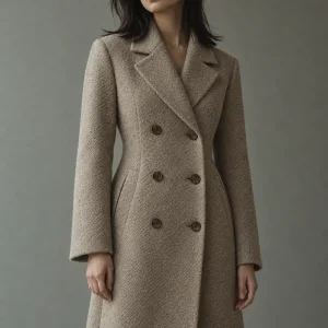 A classic double-breasted coat in navy blue