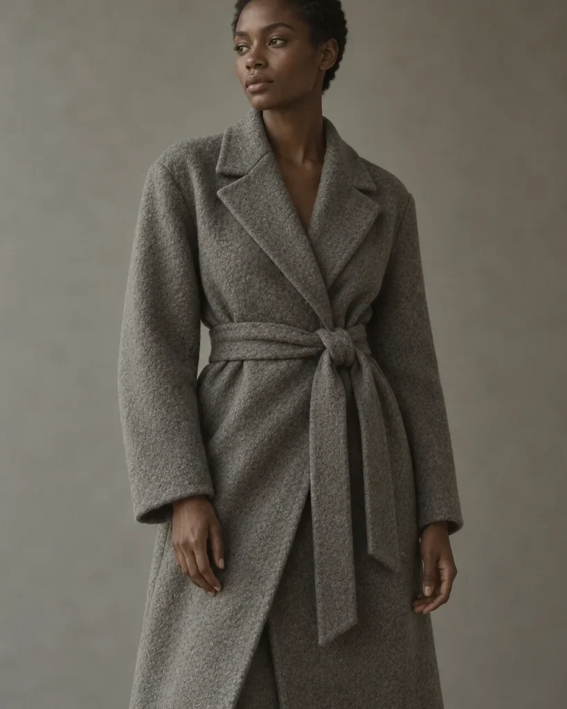 A chic wrap coat in a stone color
