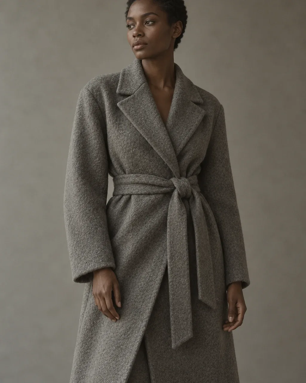 A chic wrap coat in a stone color