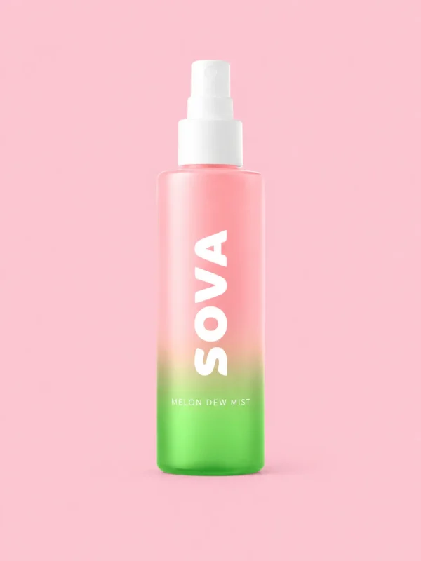 A spray bottle of Melon Dew Mist with a melon slice beside it