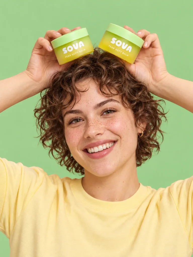 A jar of Pear Soft Balm with a pear next to it