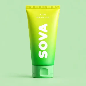 A bottle of Kiwi Wash Gel with a kiwi fruit next to it
