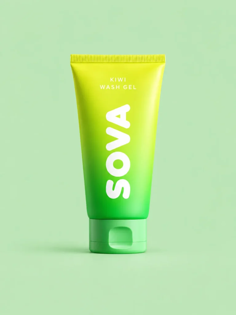 A bottle of Kiwi Wash Gel with a kiwi fruit next to it