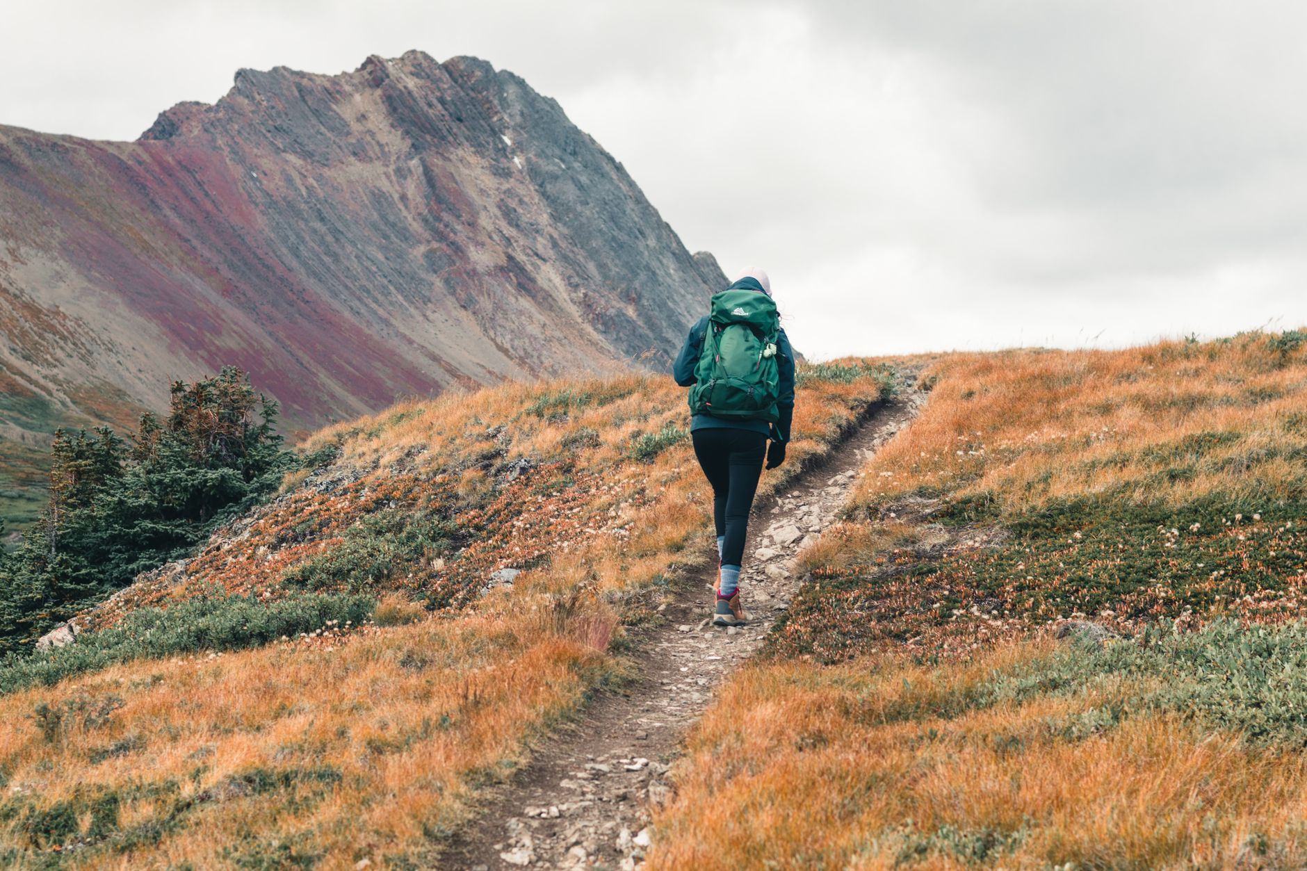 A narrow mountain ridge trail under low cloud