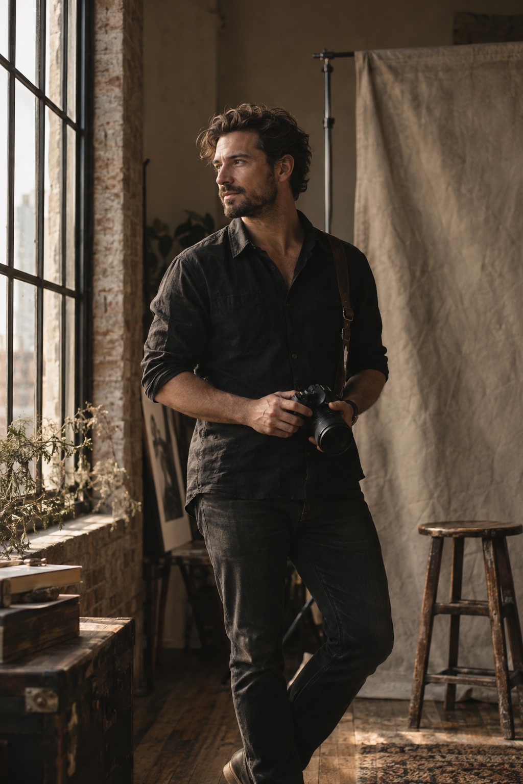 Photographer holding a camera beside a tall loft window.
