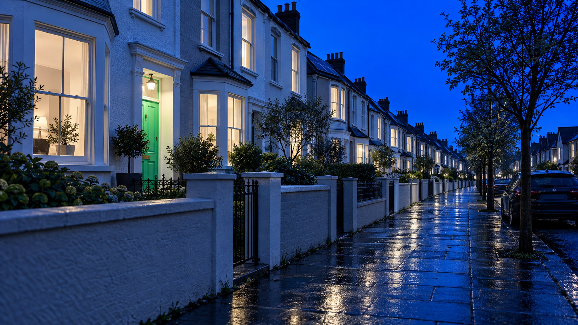 A residential street at dusk, warm light in the windows of terraced houses