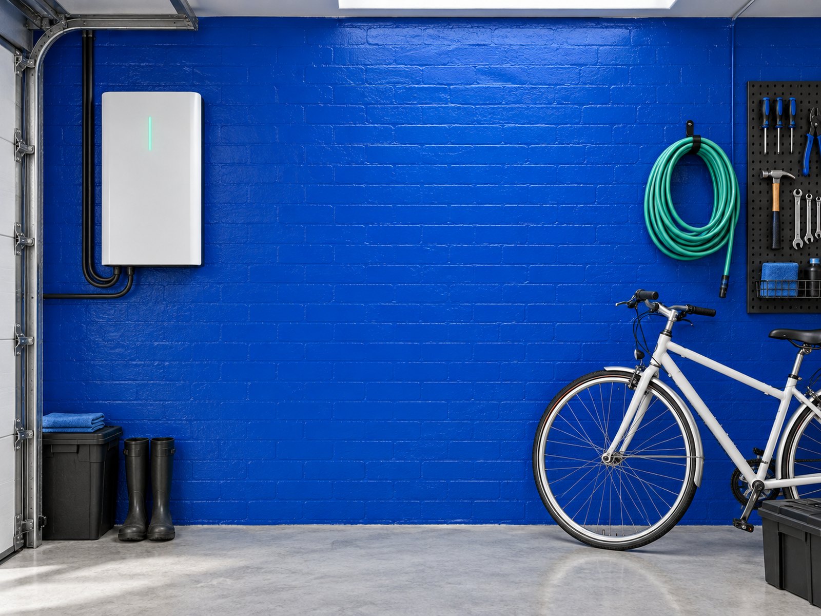 A white home battery unit mounted on a garage wall beside a bicycle