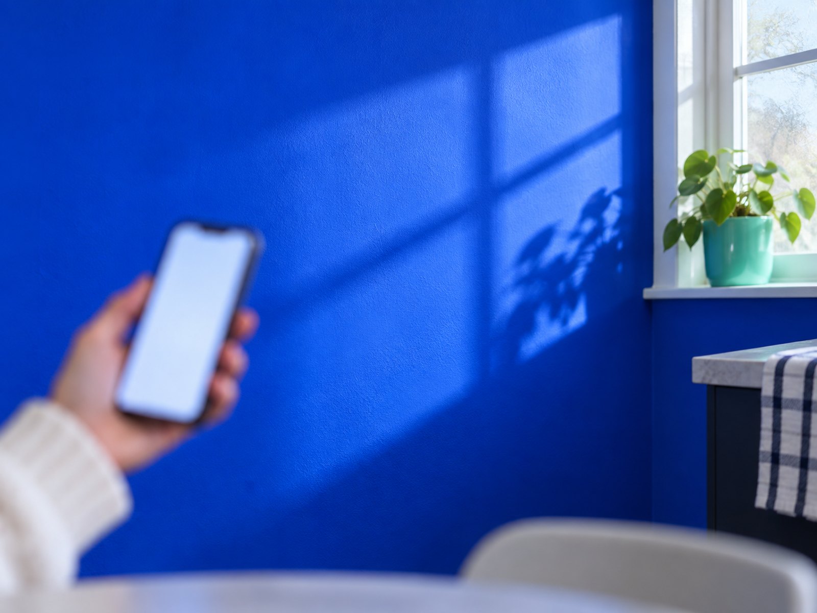 A hand holding a phone at a kitchen window, screen blurred