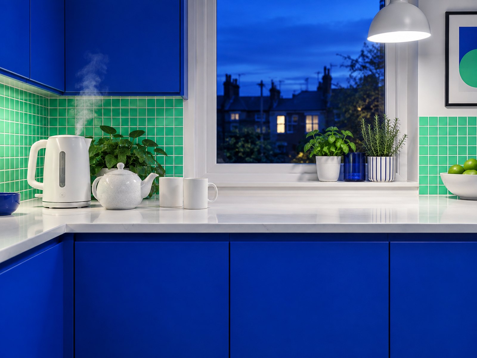 A kitchen in the evening, a kettle and a teapot on the counter under warm light