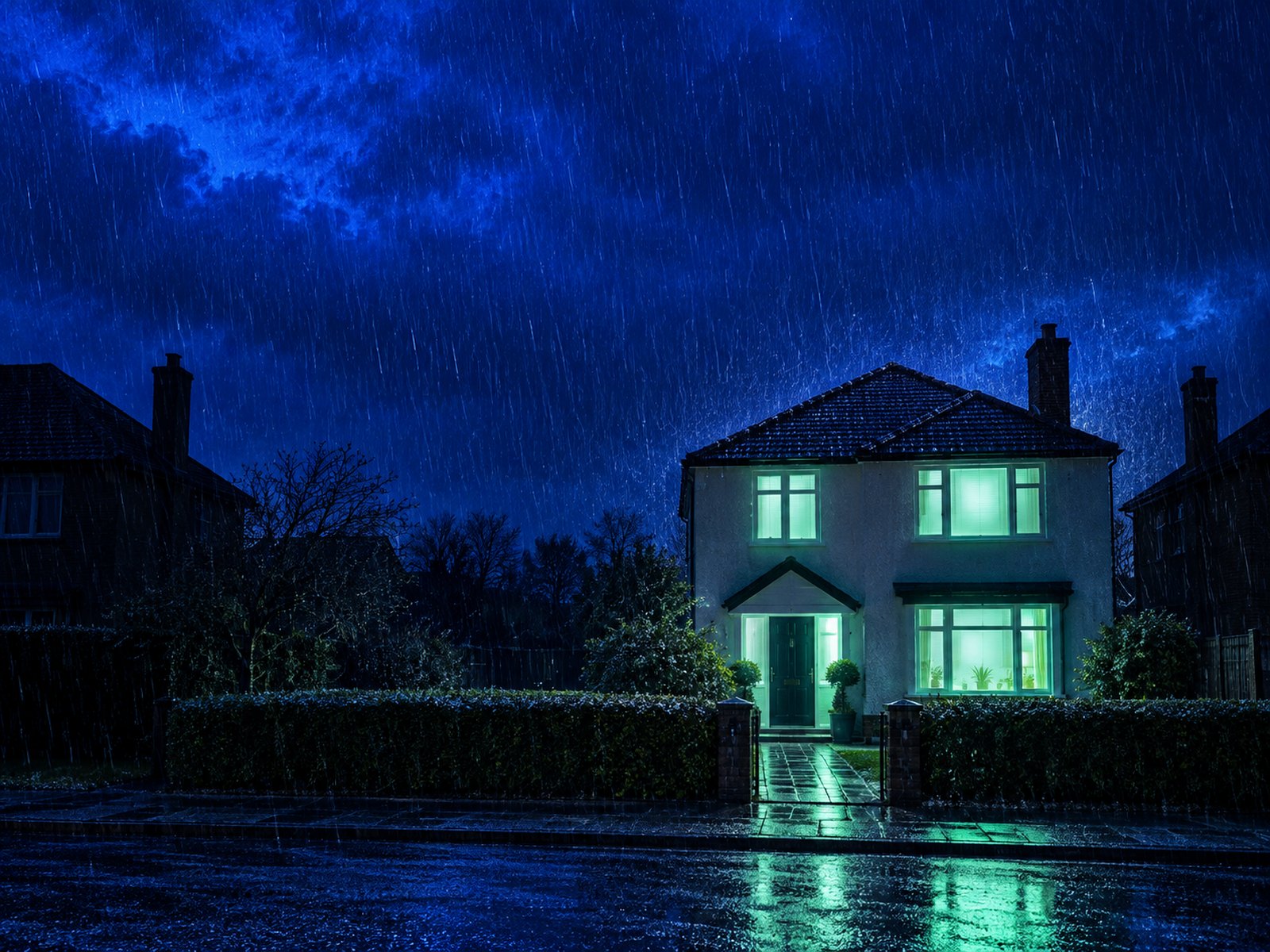 A detached house with lit windows during a storm while the street around it is dark