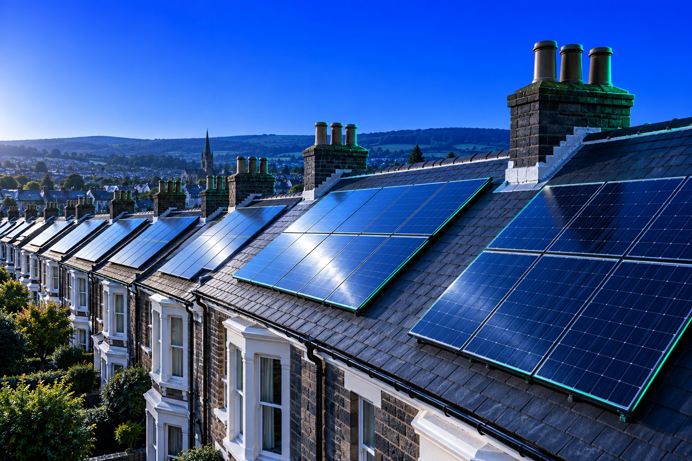 Rooftop solar panels on a row of terraced houses at golden hour