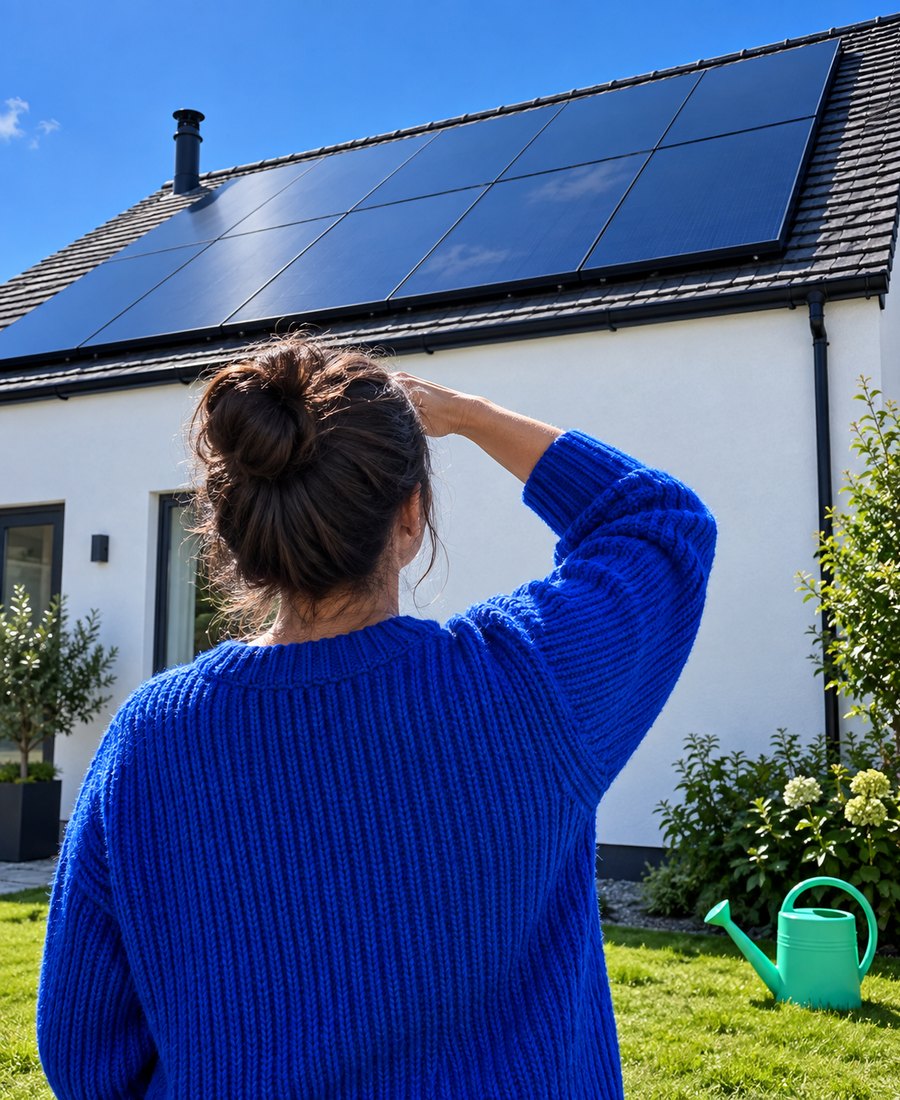 A member seen from behind, looking up at solar panels on her roof