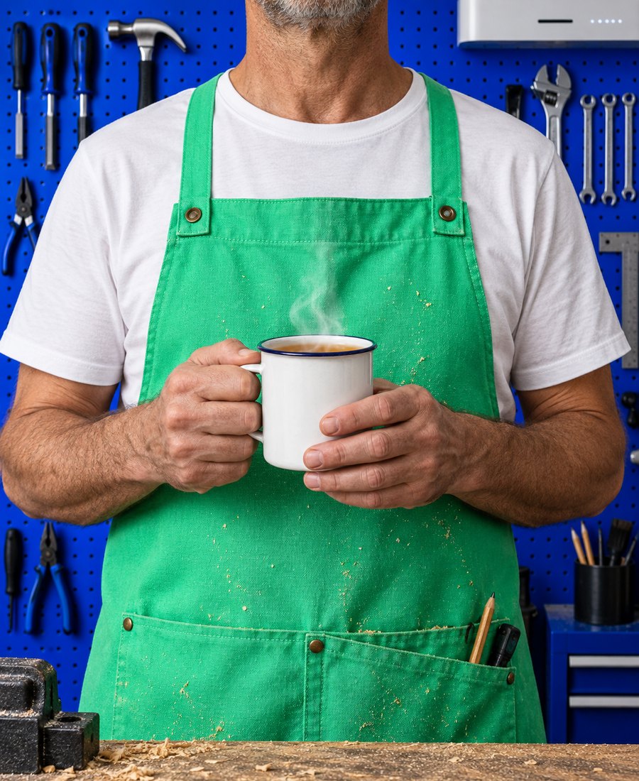A member in a workshop apron, cropped at the jaw, holding a mug