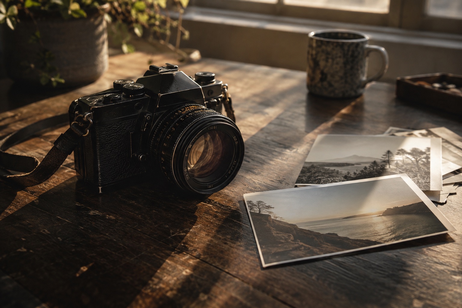 Camera and photographic prints in warm window light.