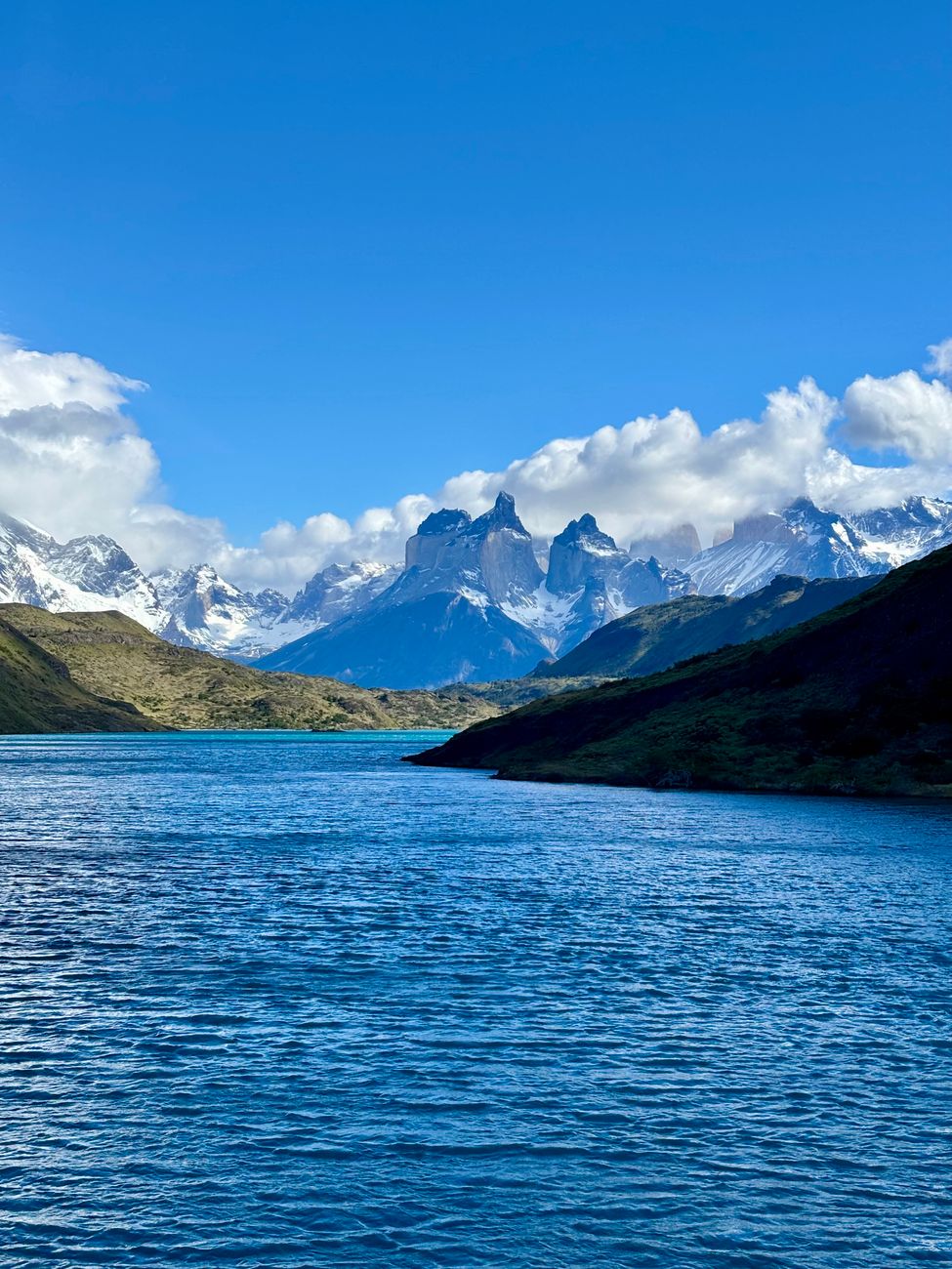 Granite towers of Torres del Paine above a glacial lake