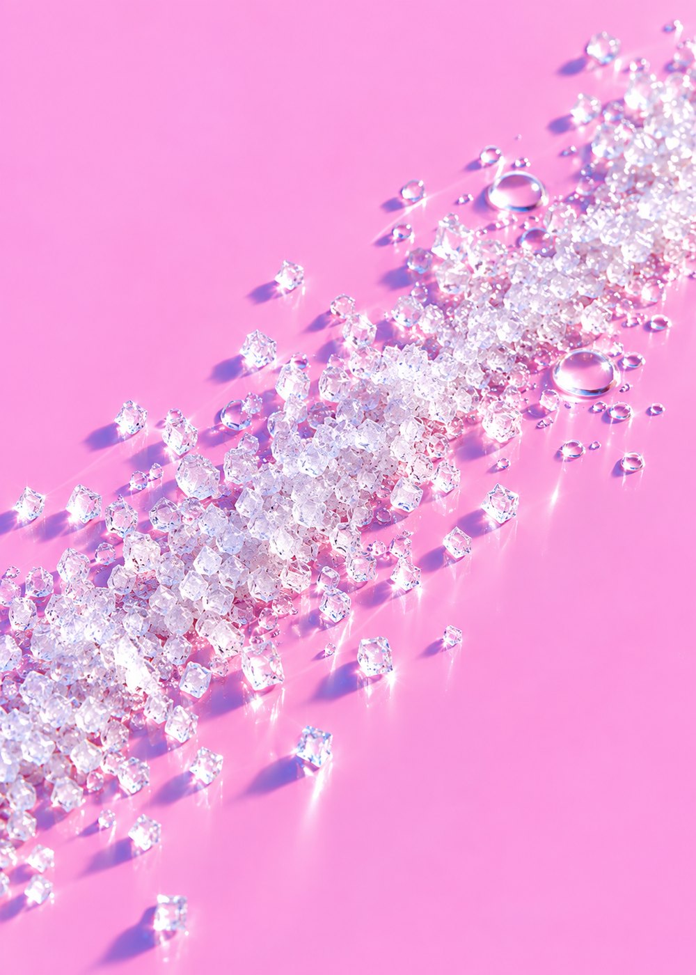 Fine white niacinamide crystals scattered on jelly-pink glass