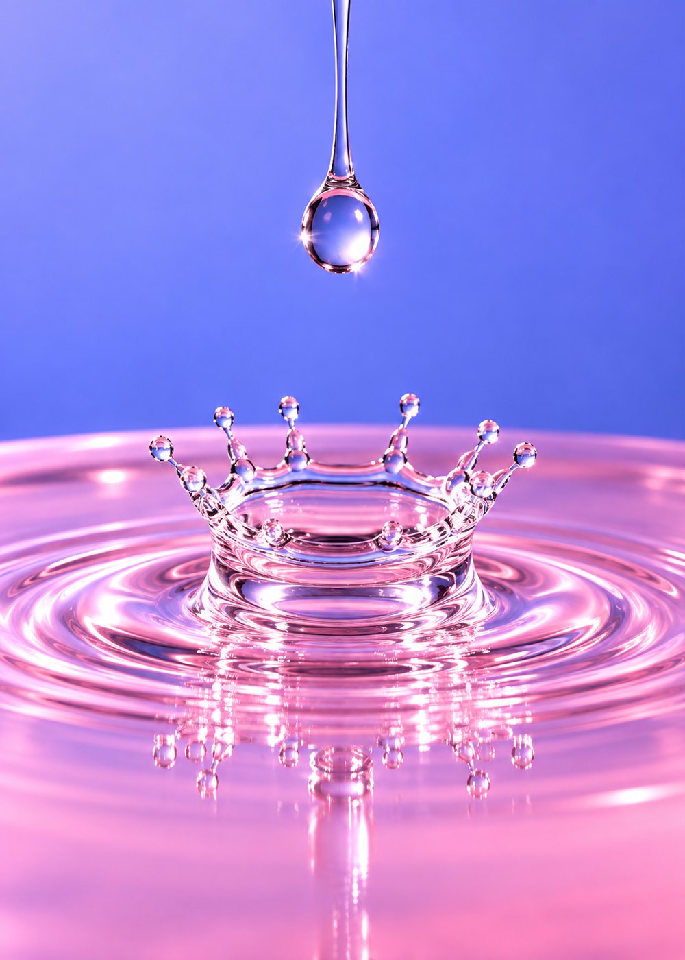 A single clear drop of oil falling into a pool with rings, lit pink and periwinkle