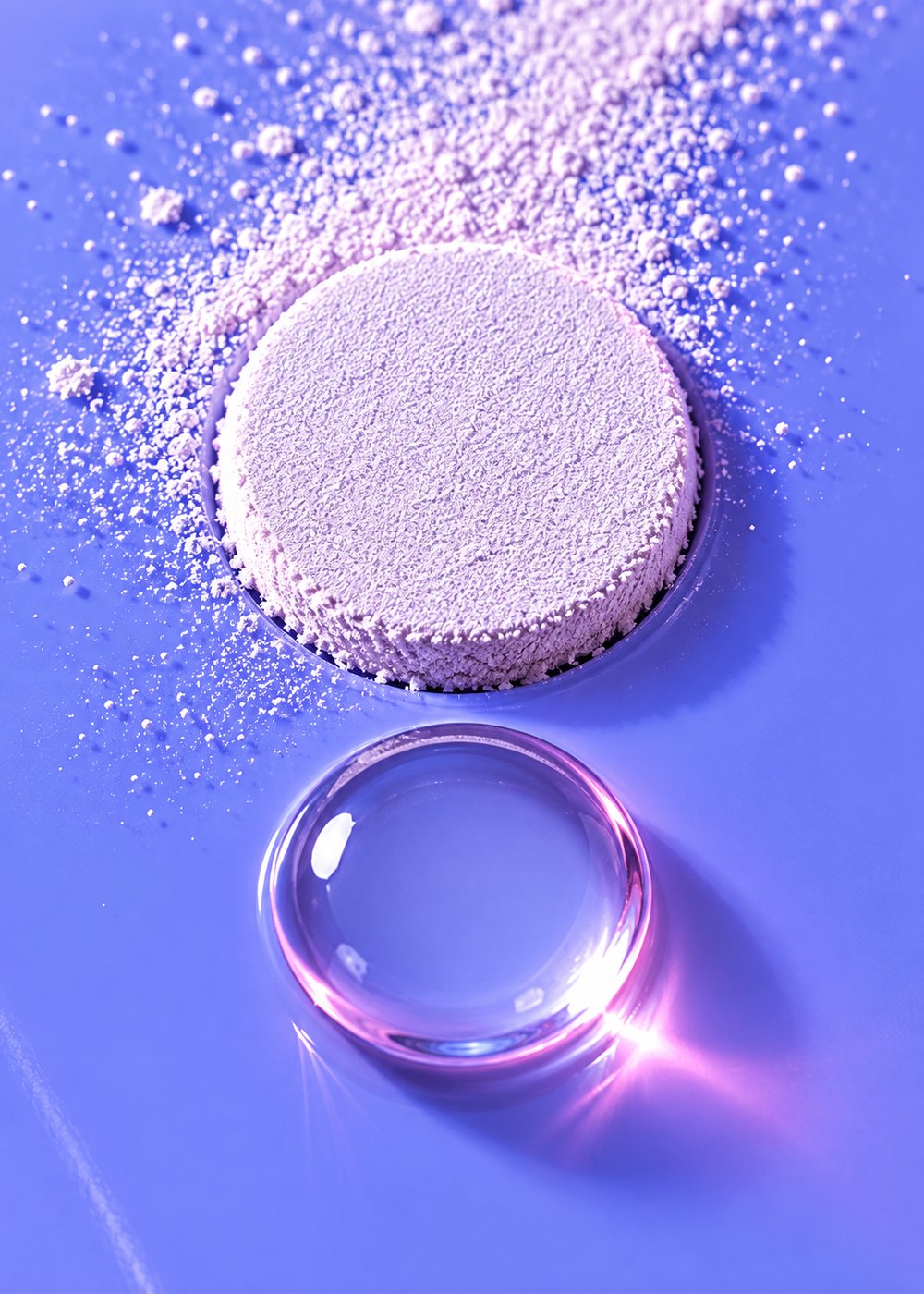 Pale mineral powder pressed into a periwinkle tile beside a glossy droplet