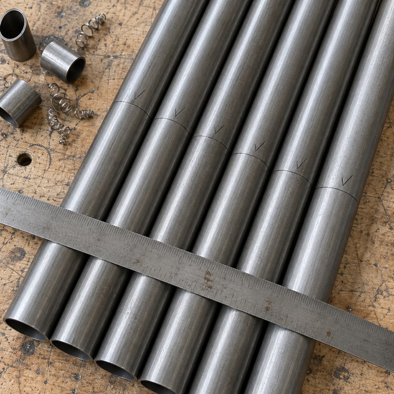 Steel tubes cut to length on the workshop bench