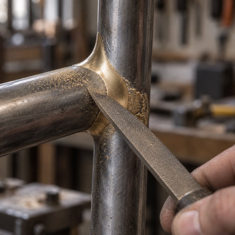 Hand file smoothing a fillet on a steel joint