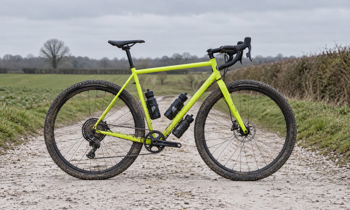 Chartreuse gravel frame with wide tyres on a chalk farm track