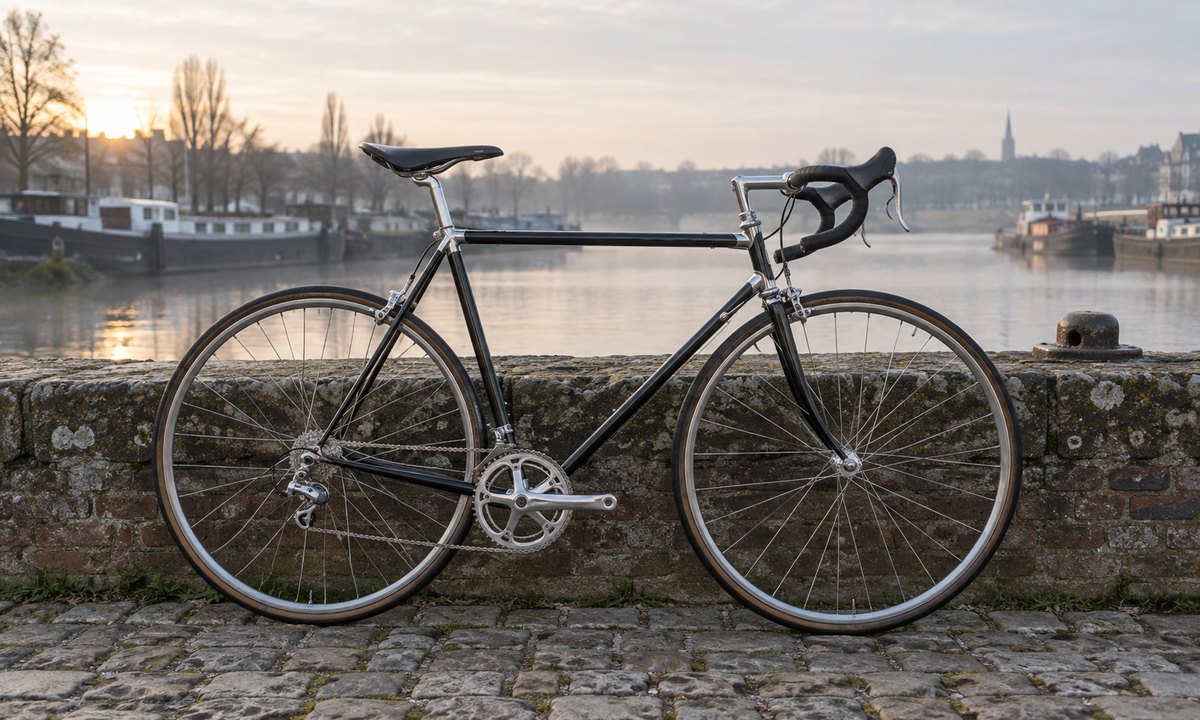 Black steel road frame leaning on a brick wall by the river at dawn