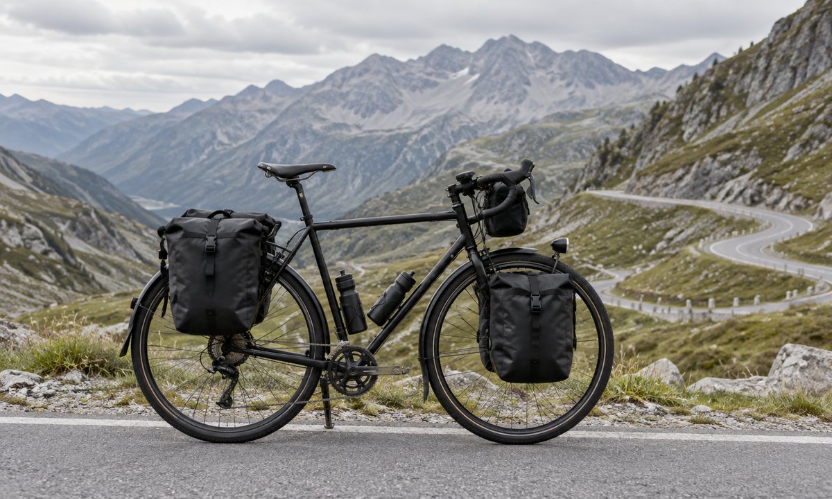 Loaded touring bike with front and rear racks on a mountain road