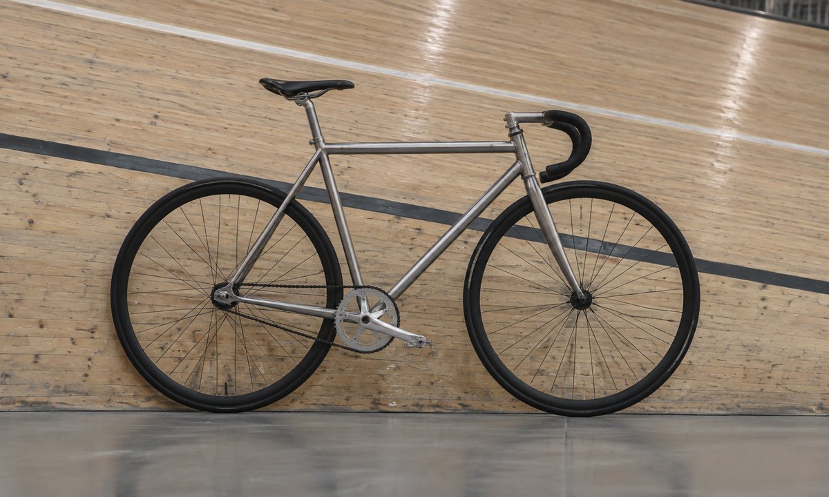 Bare steel track frame on the wooden banking of an indoor velodrome