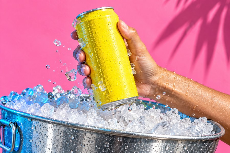 A hand pulling a cold can from an ice bucket