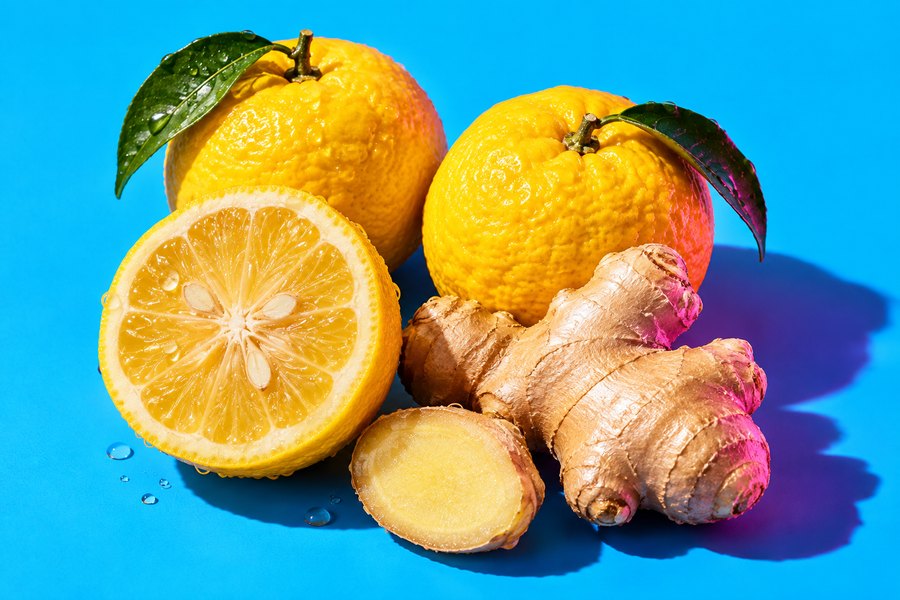 Yuzu and ginger root on a bright backdrop