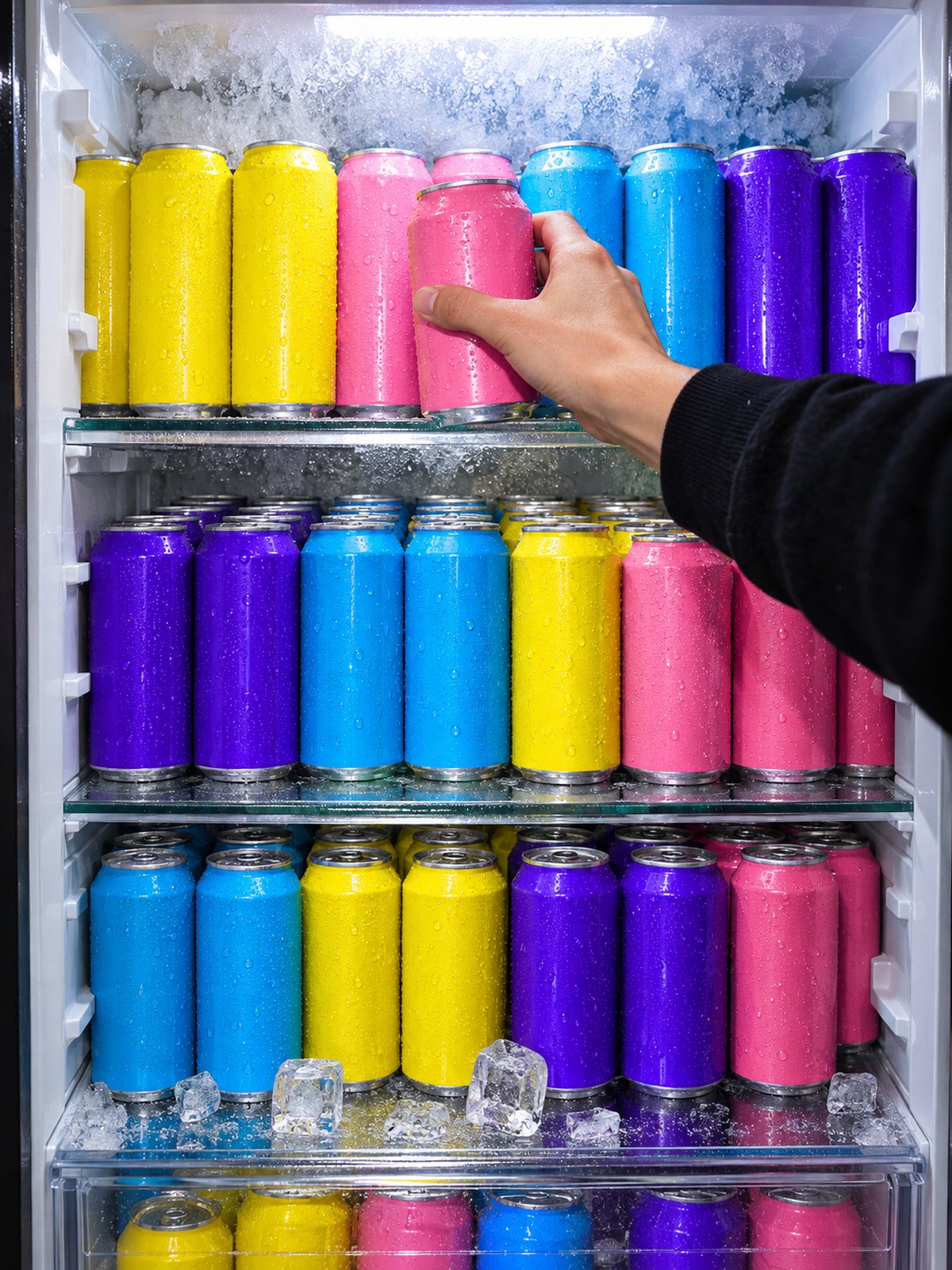 Hands raiding a fridge stacked with cold cans