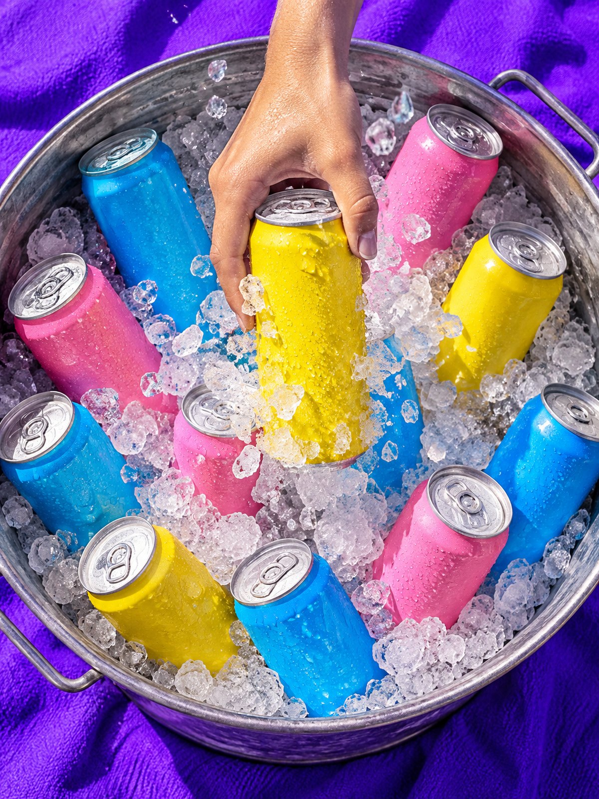 An ice bucket full of cans on a sunny picnic blanket