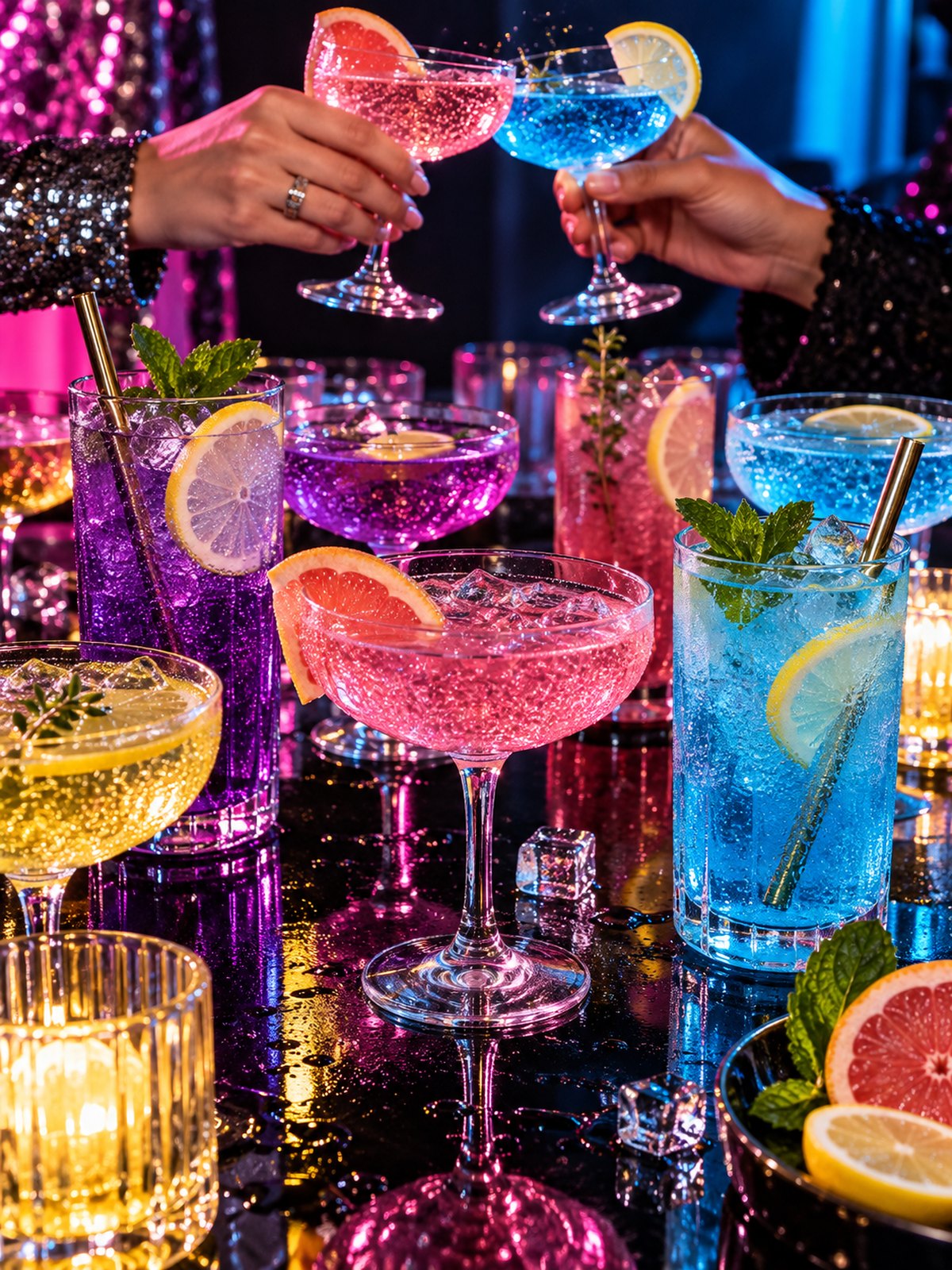 Glasses of soda glowing on a table at night