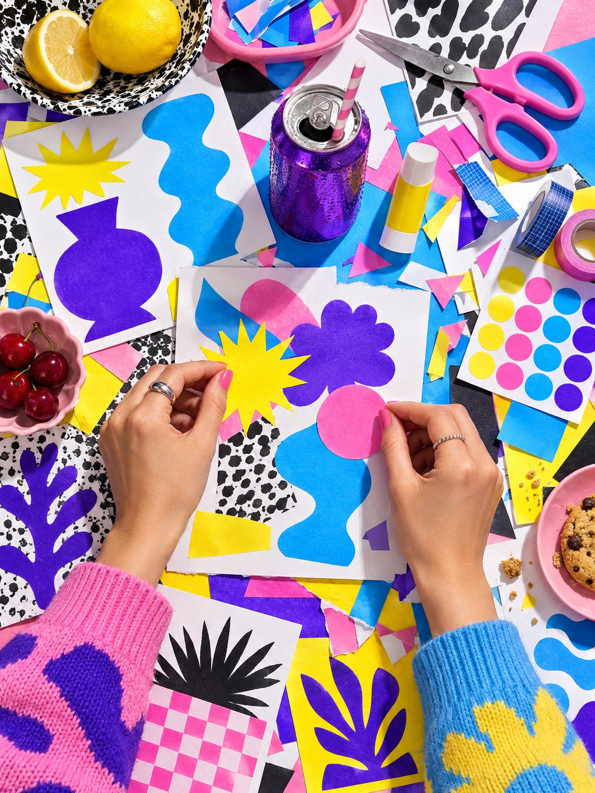 A zine-making table with scissors, paper and a can
