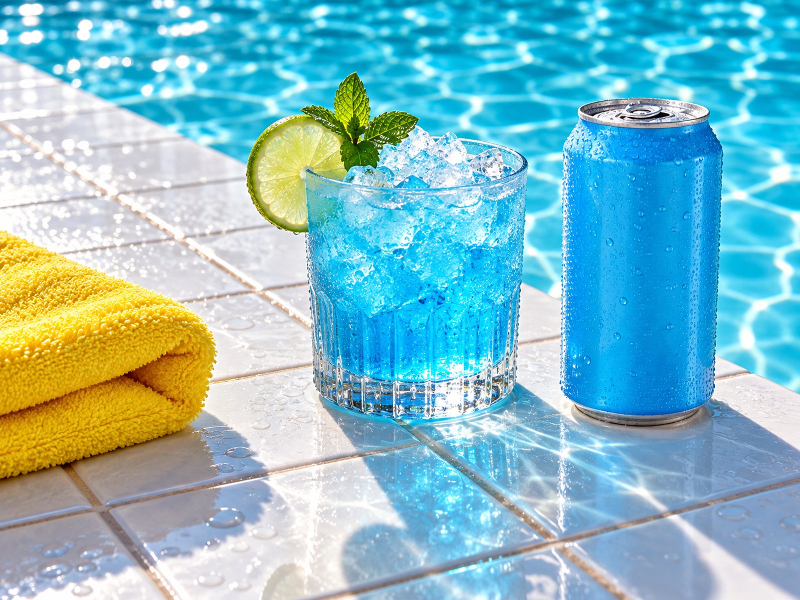 Sky Mint poured over crushed ice on a blue-tiled ledge