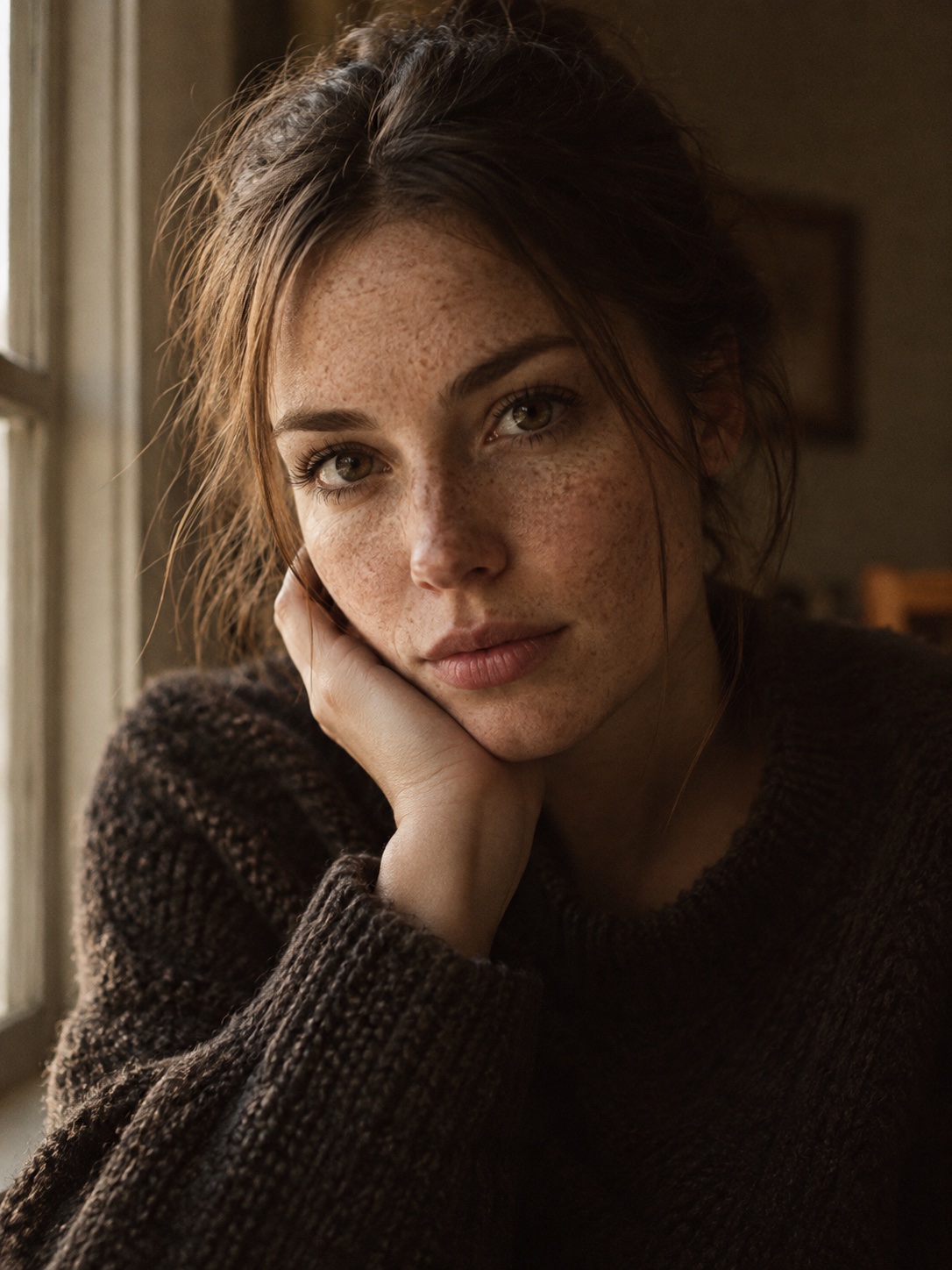 Freckled woman in soft afternoon window light.