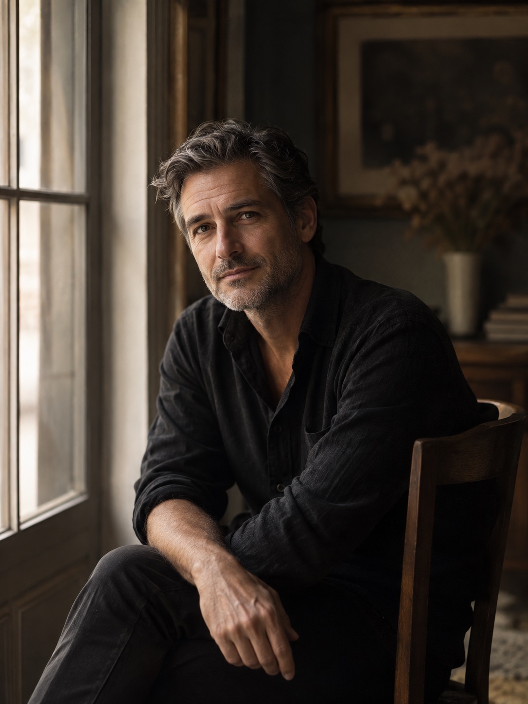 Seated man with salt-and-pepper hair in soft window light.