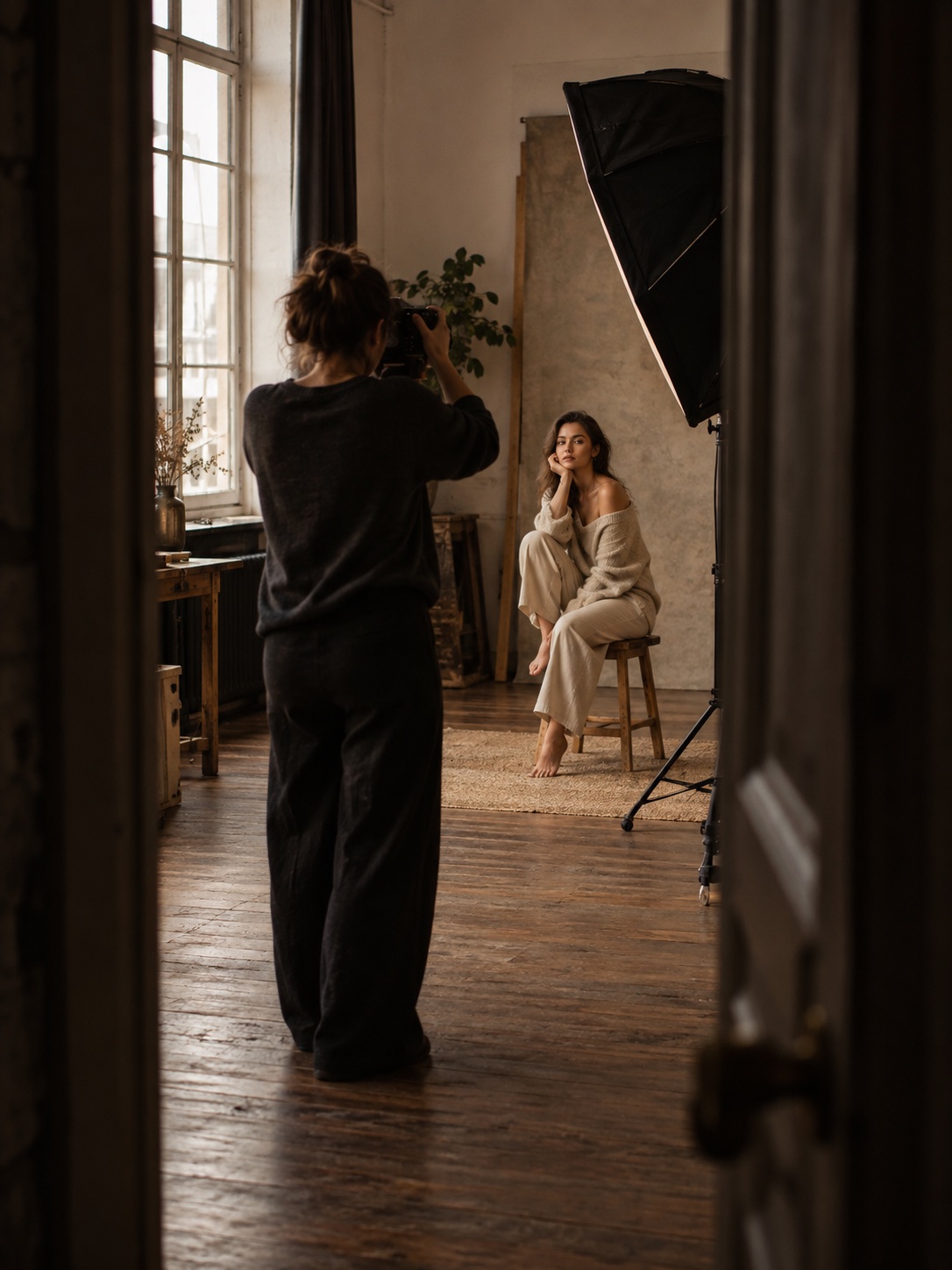 Photographer working with a seated model in a daylight studio.