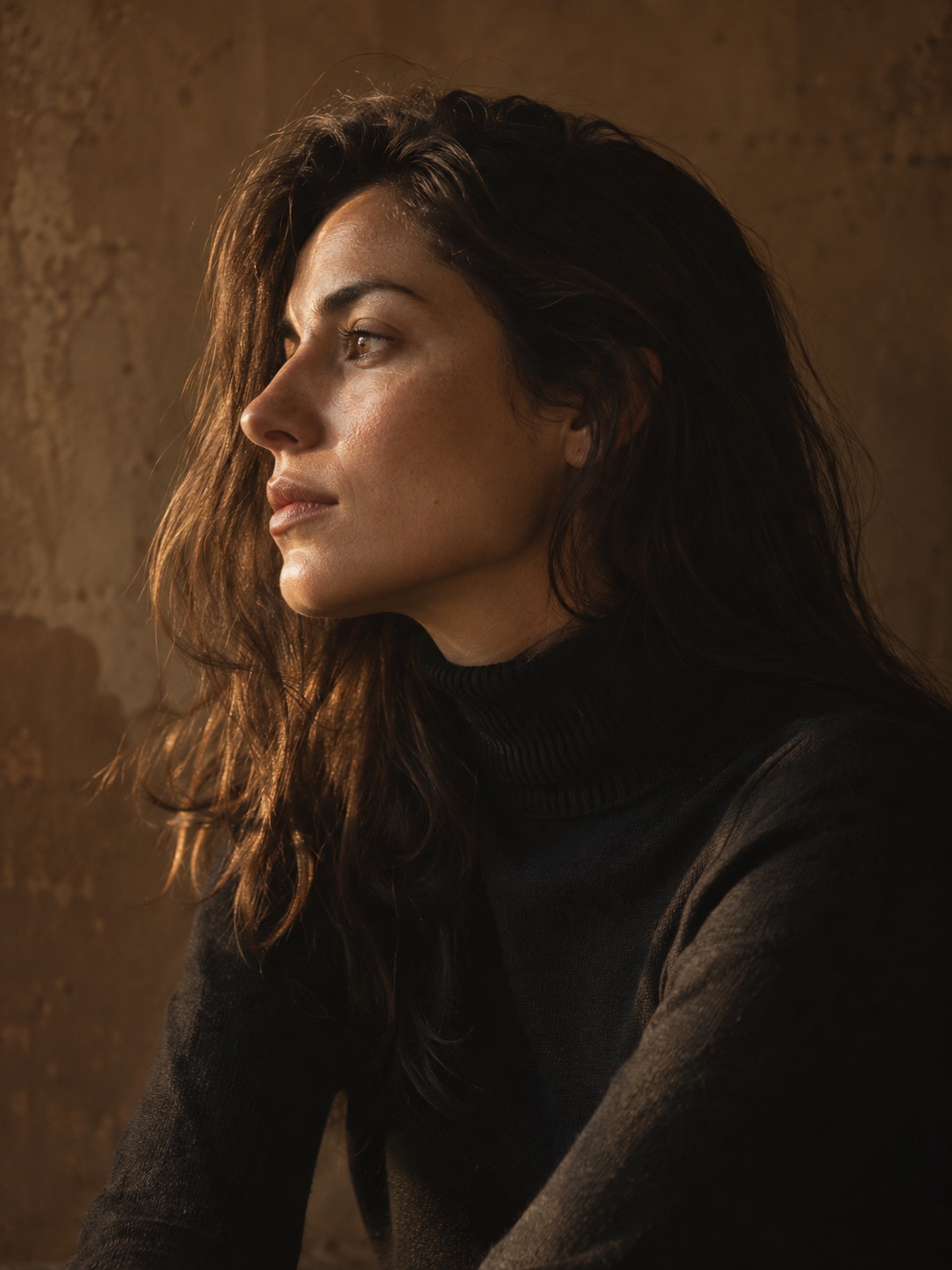 Side profile of a woman with dark hair in warm sunlight.