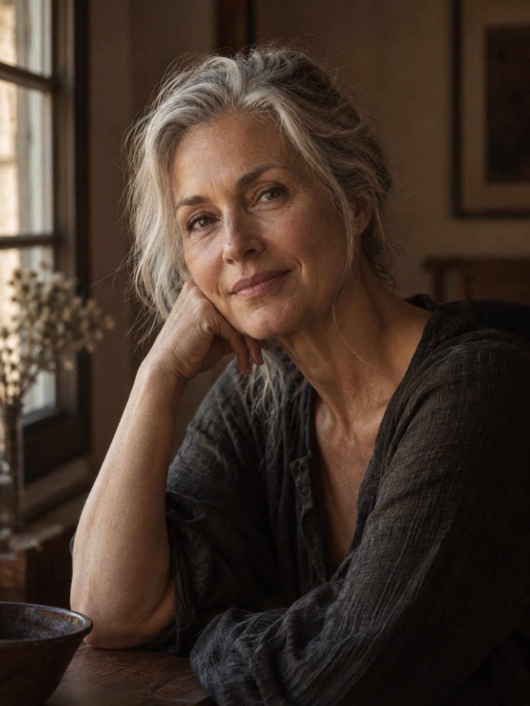 Silver-haired woman with a subtle smile beside a window.