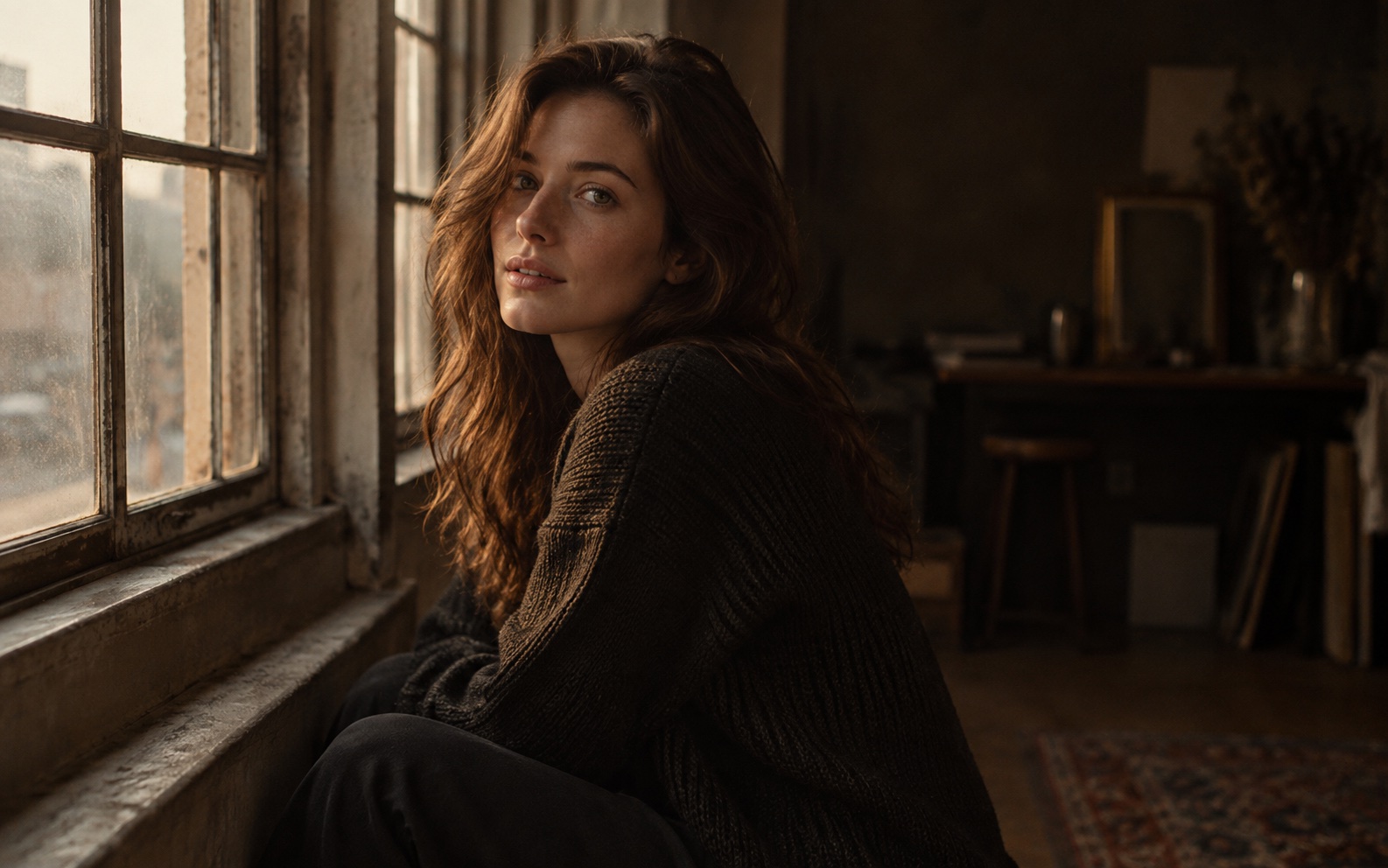 Woman in a dark knit sweater beside a warmly lit studio window.