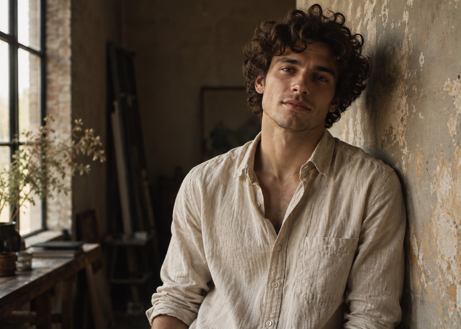 Curly-haired man in a linen shirt beside a studio wall.