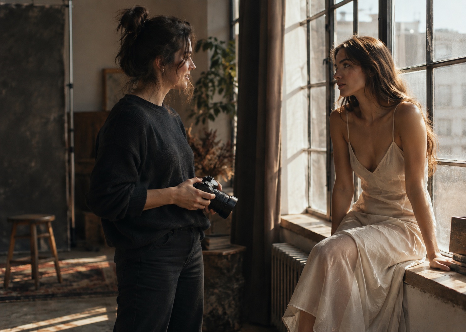 Photographer and model talking beside a studio window.