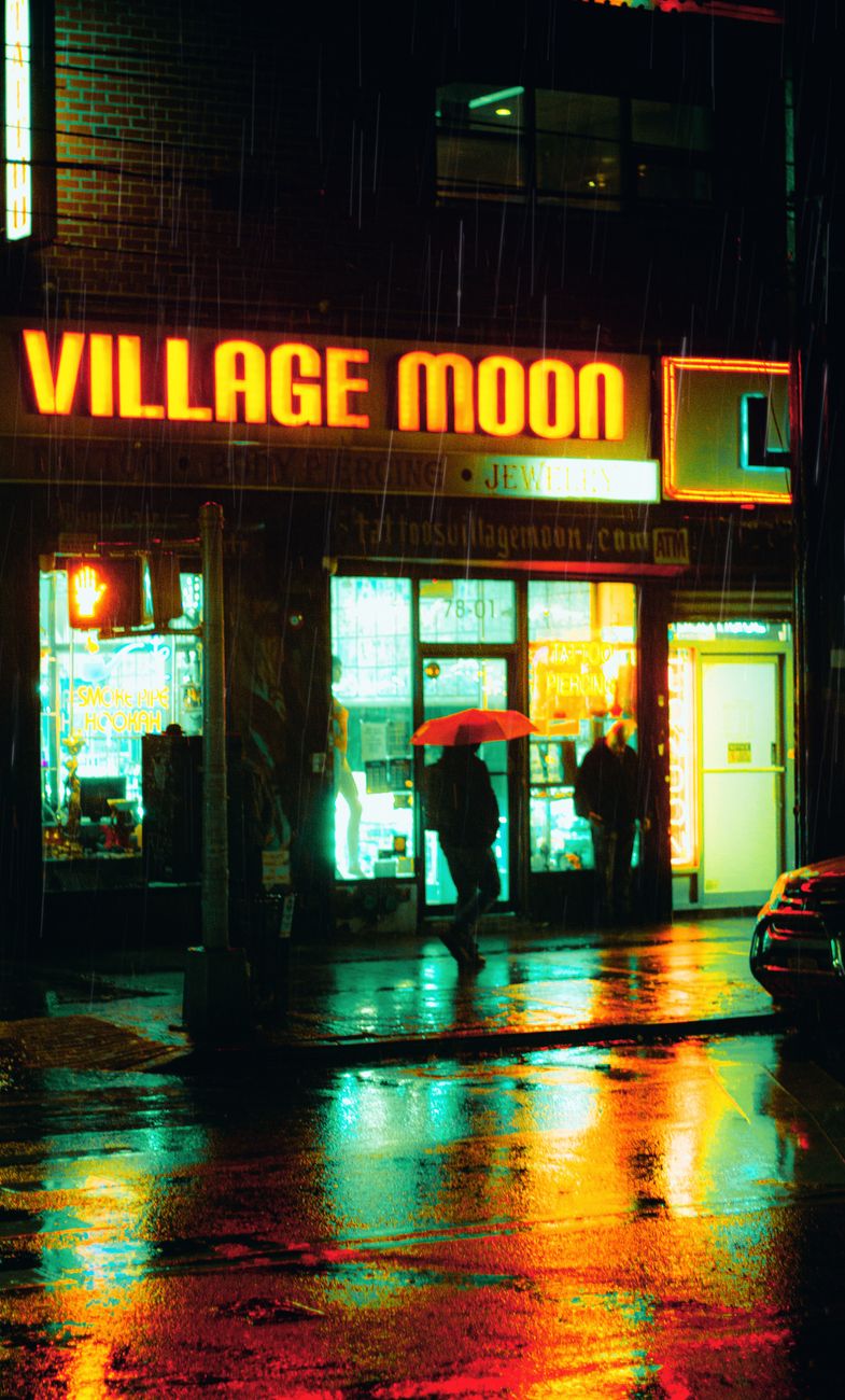 Neon-lit street at night