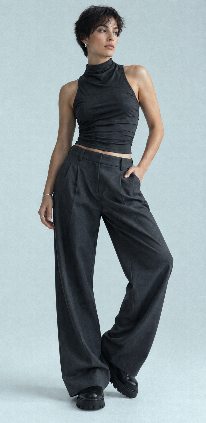Model in the Night-dip top and Harbour trouser