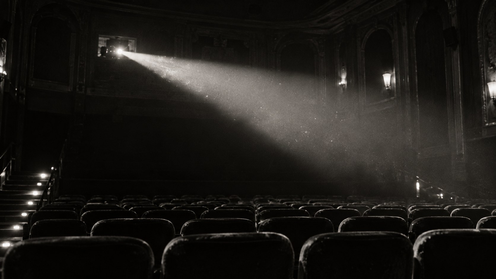 A projector beam cutting through haze above empty cinema seats