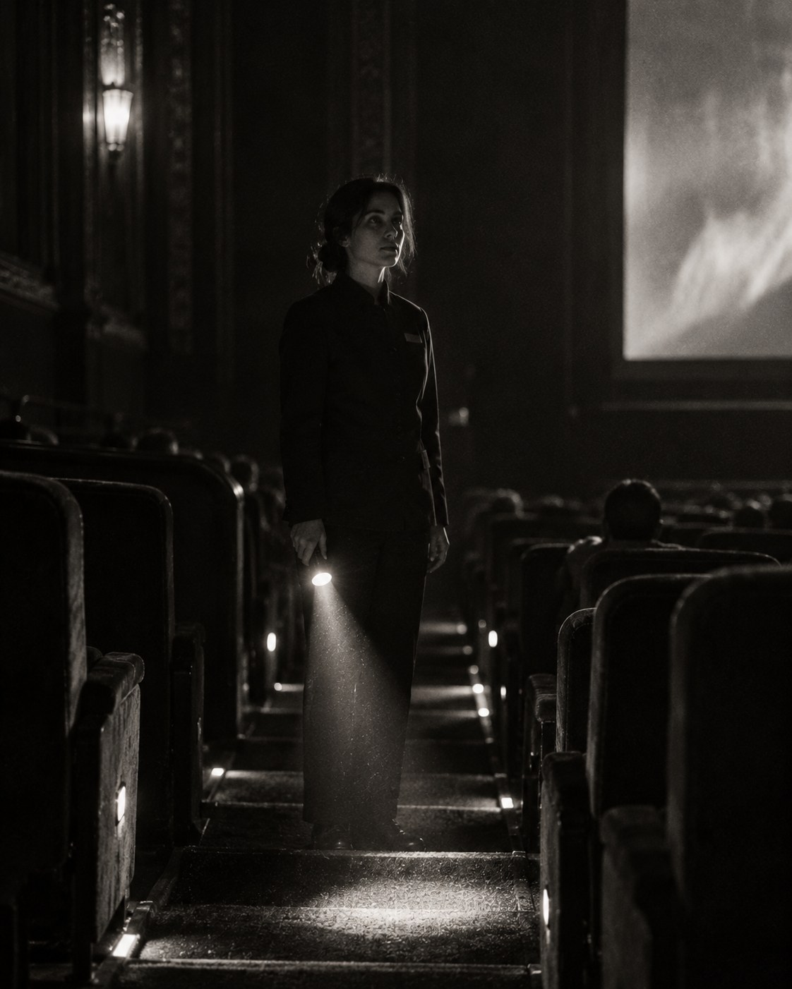 An usher holding a torch in a dark cinema aisle