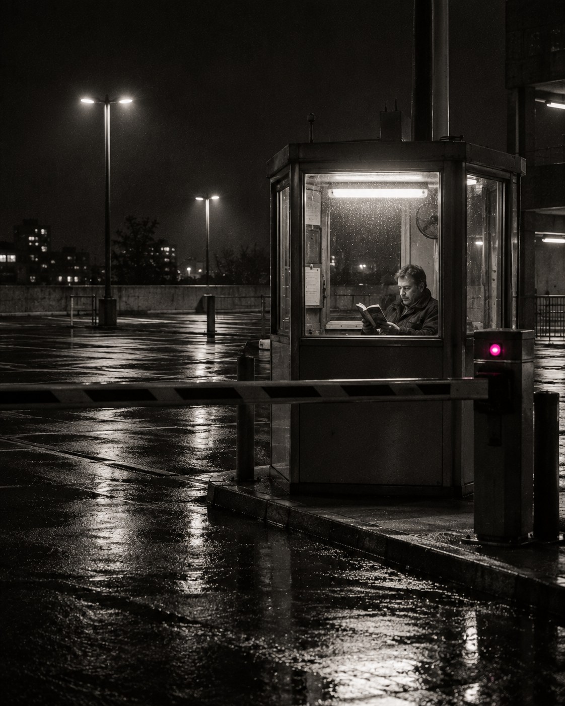 A car-park attendant in a lit booth at night