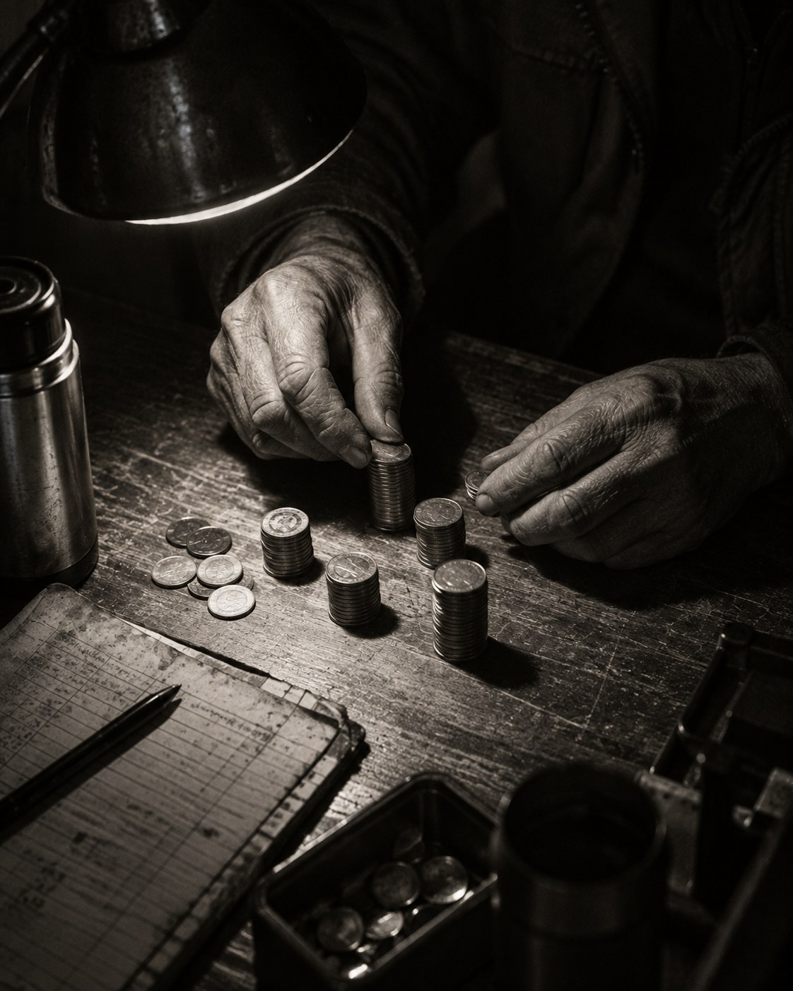 Hands counting coins under a desk lamp