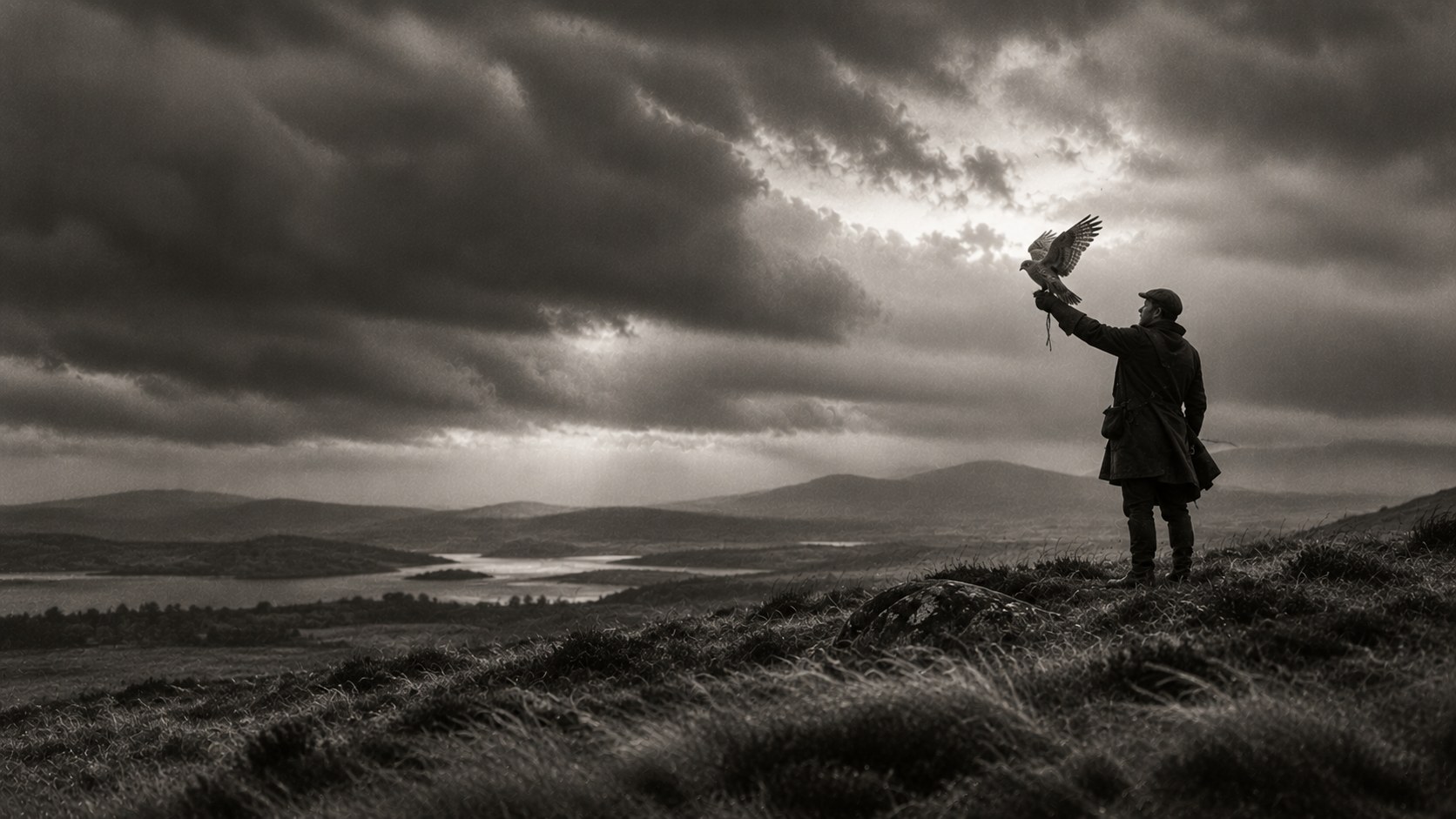 A falconer on an open moor with a bird on the glove, wind flattening the grass